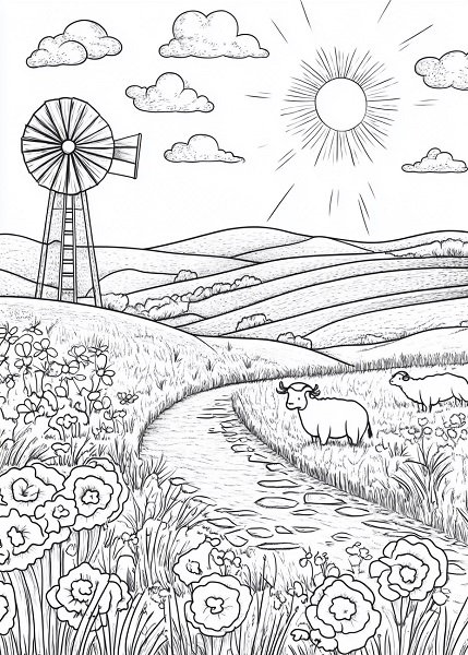 25 Free South African Winter Colouring Pages for Kids - Karoo landscape with windmills and sheep