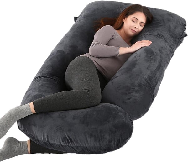 57 Inch Pregnancy Pillow for Sleeping, Full Body Support Pillow with Removable Washable Cover for Maternity Comfort, Black Grey Velvet Cover