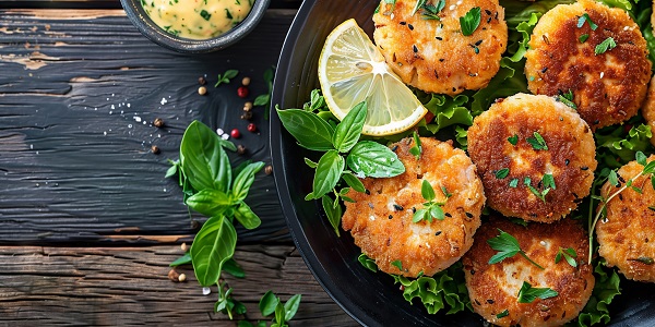 Tuna Fishcakes: A Crispy and Flavourful Classic 12 A plate of golden-brown tuna fishcakes garnished with fresh herbs and a wedge of lemon, served on a rustic wooden table with a small dish of tartar sauce on the side.