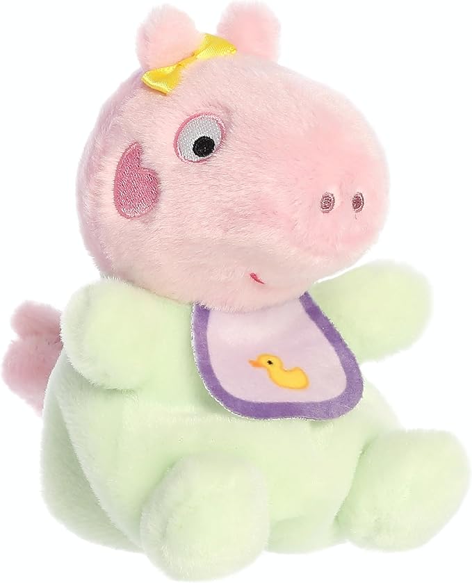 Aurora® Playful Peppa Pig™ Baby Evie with Bib Palm Pals™ Stuffed Animal - Officially Licensed Toys for All Fans - Perfect for Birthdays, Adults and Kids All Ages - Pink 5 Inches