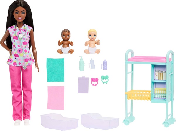 Barbie Careers Baby Doctor Playset with Brunette Doll Wearing Scrubs, 2 Baby Dolls, Examination Table & Accessories