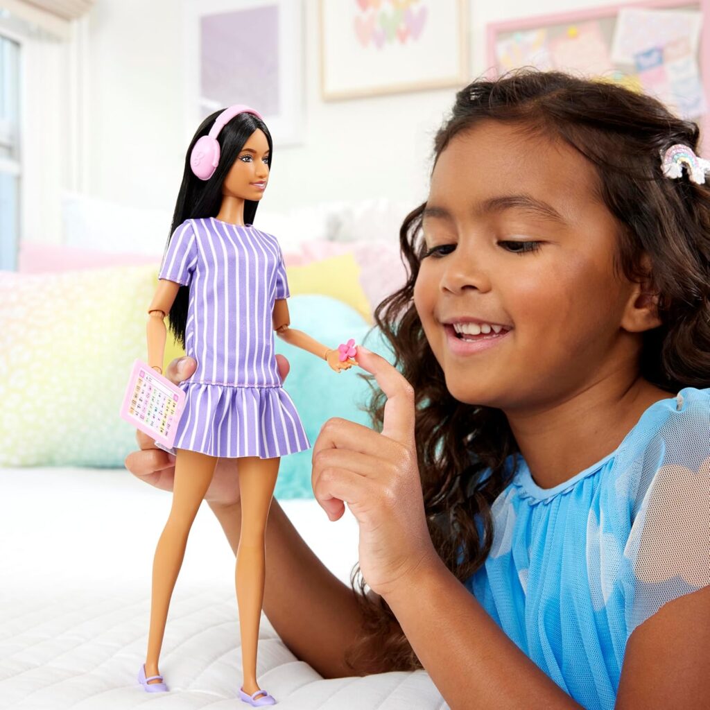 Barbie Fashionistas Doll #245, Autistic Doll Wearing Purple Striped Dress with Accessories Like Fidget Spinner, Tablet and Headphones