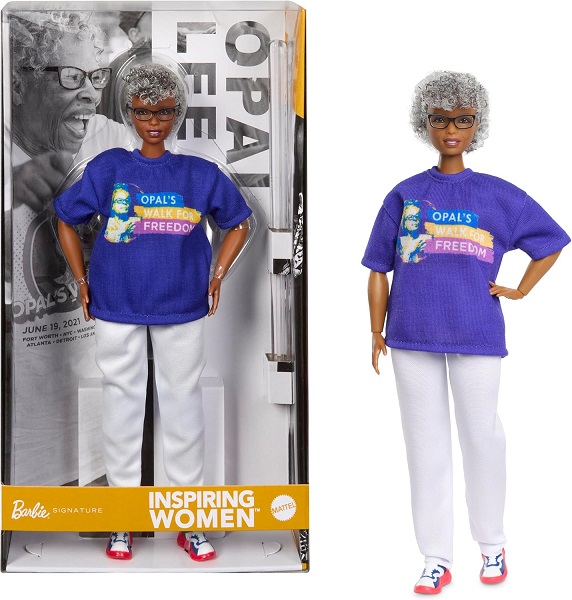 Barbie Inspiring Women Doll, Opal Lee Collectible in Blue “Opal’s Walk for Freedom” T-Shirt, White Pants and Glasses, Doll Stand and Displayable Packaging