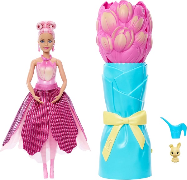 Barbie Petal Pop Scented Doll with Pink Tulip Dress & Accessories, Bouquet Reveal with Pet Bunny & Surprises Like Watering Can, Necklace & Earrings​​​