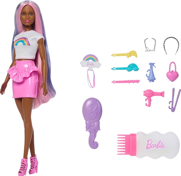 Barbie Rainbow Sparkle Hair Doll, Extra-Long and Colorful Hair with 12 Styling Accessories Like Glitter Tube, Brush, Clips, Dryer and More