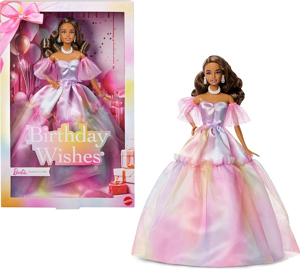 Barbie Signature Birthday Wishes Fashion Doll with Brown Hair in Dress with Pastel Rainbow Effect, Collectible Toy with Giftable Packaging