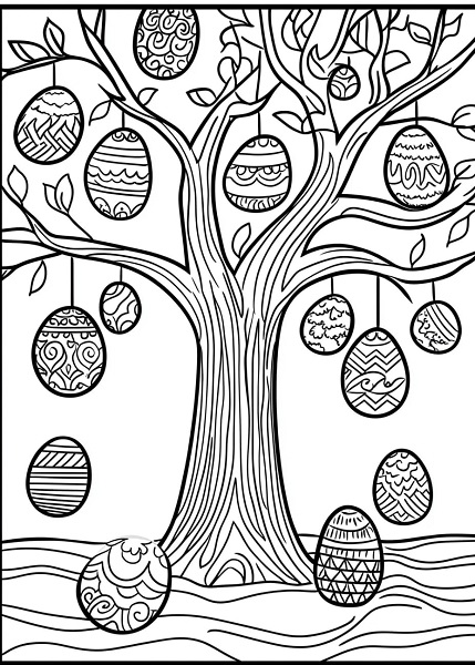 Baobab tree decorated with hanging Easter eggs - Free Easter Colouring Pages for Kids (12)