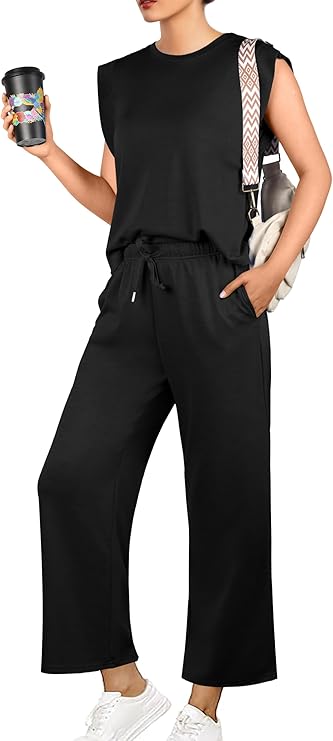 GRECERELLE 2025 Two Piece Sets for Women Summer Round Neck Cap Sleeve Top and Wide Leg Pants with Pockets