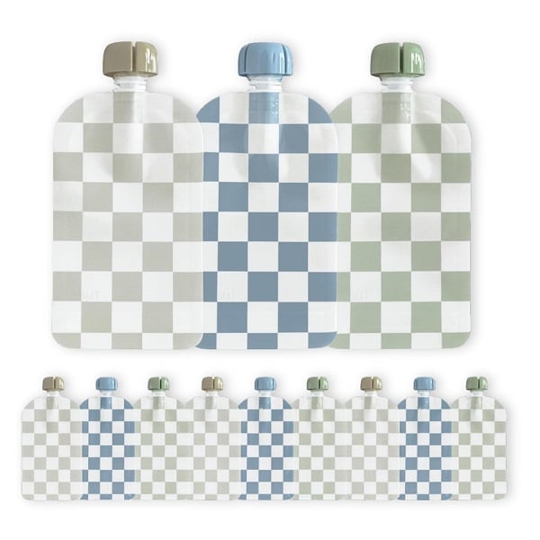 Hippypotamus Reusable Baby Food Pouches for Toddlers - BPA Free Food Grade - Dishwasher & Freezer Safe - Baby Food Containers - Refillable Squeeze Pouch For Applesauce & Yogurt - 12 Pack (Checkered)