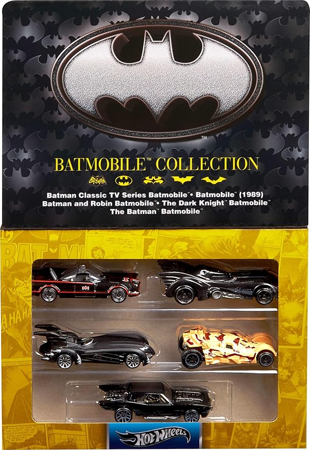 Hot Wheels 1:64 Scale Die-Cast Toy Cars, Set of 5 Batman 85th Anniversary Vehicles Featuring 5 Different Batmobile Replicas in Commemorative Packaging