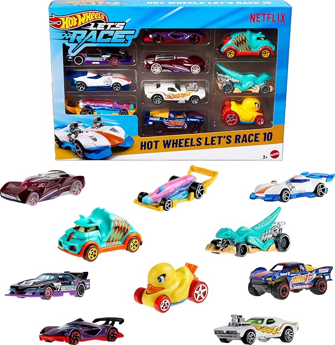 Hot Wheels Toy Cars & Trucks, Let’s Race 10-Pack, Set of 10 1:64 Scale Vehicles from The Animated Netflix Show for Play or Display (Styles May Vary) (Amazon Exclusive)
