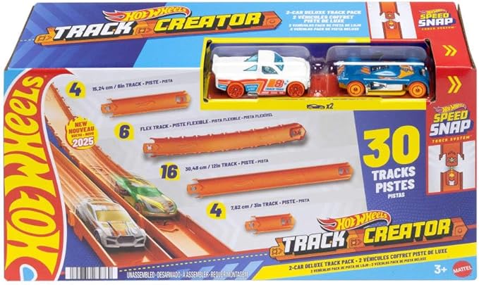 Hot Wheels Track Creator 2-Car Deluxe Pack with 2 1:64 Scale Die-Cast Toy Vehicles, 25 Feet of Different Length Speed Snap Track & Connectors (Amazon Exclusive)