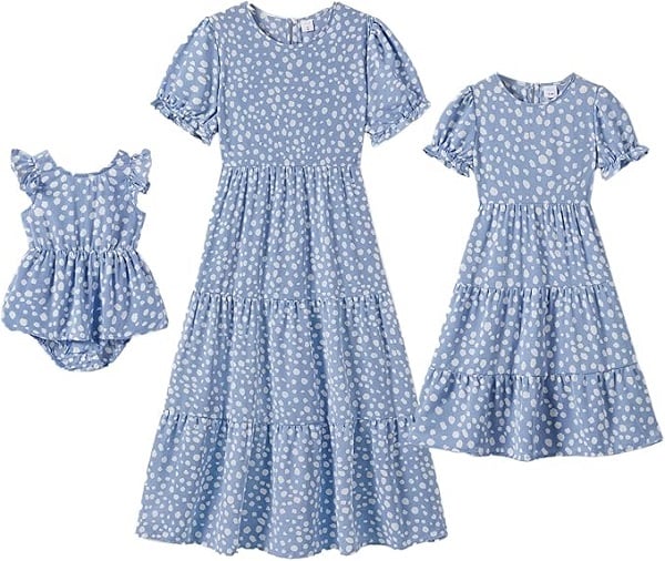 IFFEI Mommy and Me Dresses Summer Casual Boho Matching Outfits Ruffle Puff Sleeve High Waist Midi Beach Maxi Dress