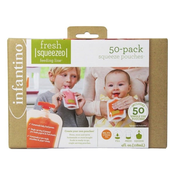 Infantino Disposable Squeeze Pouches, Baby Food Pouches for Portable Homemade Semi-Solid Food for Babies and Toddlers, BPA and PVC free, Freezer Safe, 50-Pack