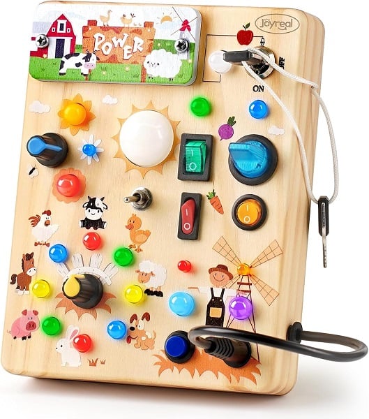 Top Montessori Toys on Amazon Parents Swear By 18 Joyreal Montessori Busy Board Wooden Sensory Toys for Toddler with LED Light Up Switch, Baby Fidget Board Travel Toys for 18+ Months, 1 2 3 Year Old Boys Girls Toddler Toy Gifts (Farm)