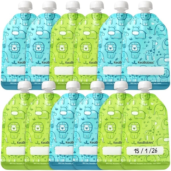 KeaBabies 12-Pack Reusable Baby Food Pouches Refillable – BPA Free, Dishwasher & Freezer Safe, 5oz Reusable Pouches for Toddlers, Squeezable Baby Puree Container for Yogurt, Apple Sauce (Little Zoo)