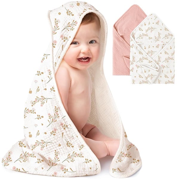 The Cutest Baby Hooded Towels on Amazon Right Now 18 Konssy 2-Pack Muslin Hooded Baby Towels, 100% Cotton, Ultra-Soft & Absorbent Baby Bath Towels with Hood for Newborn & Infant