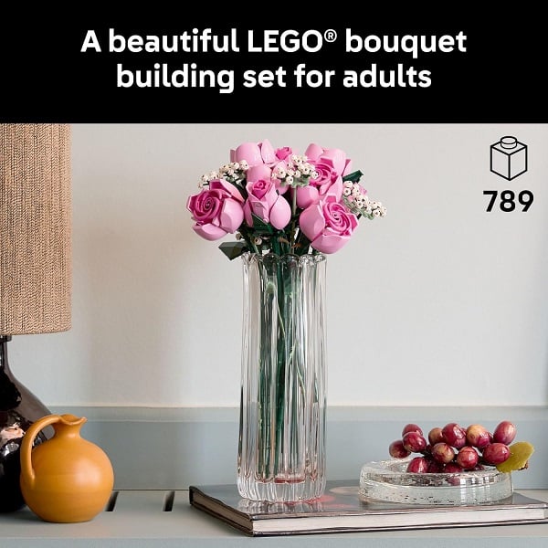 LEGO Botanicals Bouquet of Pink Roses Artificial Flowers - Building Blocks for Adults, Ages 18+ - Flowers for Home Office, Shelf or Room Decor - Gift for Women & Men - 10374