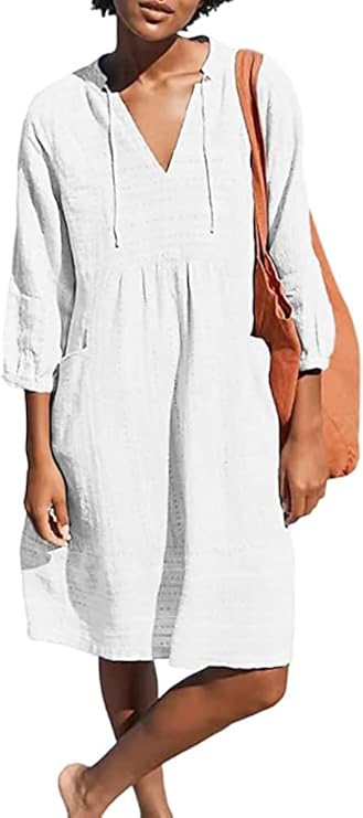 Lafural Womens V Neck Cotton Casual Loose Shift Tunic Smock Summer Dresses Vacation Dress 3/4 Sleeve Pocket