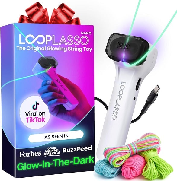 Loop Lasso NANO Glow-in-the-Dark String Shooter Toy with Built-in UV Blacklight, Interactive STEM Toy for Kids and Adults, Viral Rave Accessory and Light Show Gadget