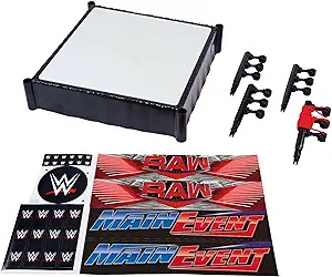 Mattel WWE Superstar Ring with Labels - Main Event & RAW, Spring-Loaded Ring Mat & Pro Tension Elastic Rope