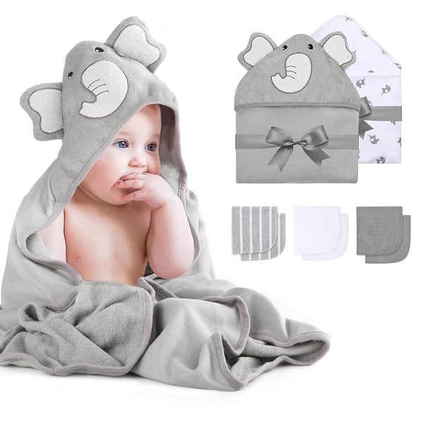 The Cutest Baby Hooded Towels on Amazon Right Now 17 Momcozy Cute Elephant Hooded Baby Towel- 8 Piece Bath Essential, 2 x Towels and 6 x Wash Cloth Set- Perfect Shower Gift for Boys or Girls - Soft and Comfort for Newborn, Infant and Toddler