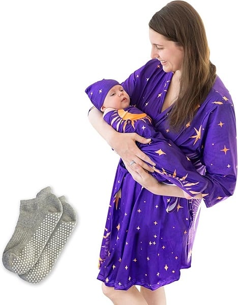 Mommy & Newborn Outfit Set, 4 Piece Set Includes Nursing Robe, Mom Sock, Swaddle Blanket and Matching Baby Hat
