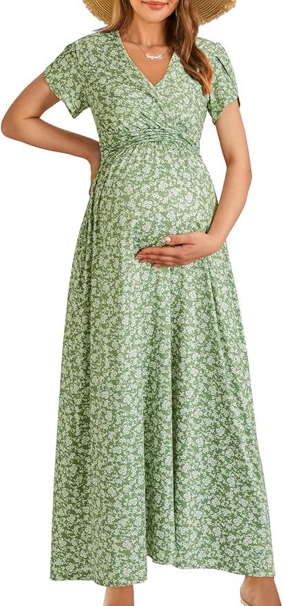 OUGES Maternity Maxi Dress Wrap Baby Shower Pregnancy Dresses for Photoshoot Maternity Outfits