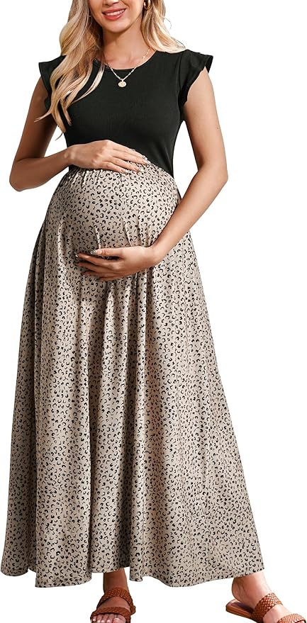 OUGES Women's Maternity Dress Summer Ruffle Sleeve Patchwork Casual Flowy Maxi Dresses with Pockets