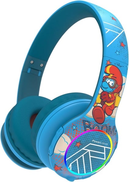 PowerLocus The Smurfs Kids Headphones, Bluetooth Headphones Over Ear for Kids with LED Lights, 74/85/94dB Volume Limited, Micro SD/TF, Foldable with Hi-Fi Stereo, Built-in Mic for School/Tablet/Travel