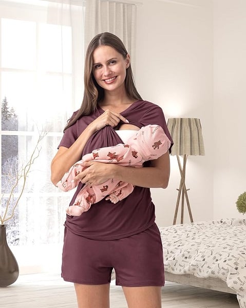 Rnxrbb 3 Piece Women's Maternity Nursing Pajamas Set V Neck Breastfeeding Pjs Sleepwear Postpartum Shorts&Pants Pockets