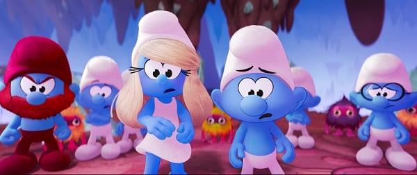Ken (Nick Offerman), Hefty Smurf (Alex Winter), Smurfette (Rihanna), No Name (James Corden), and Brainy Smurf (Xolo Mariduena) in Smurfs from Paramount Animation.
