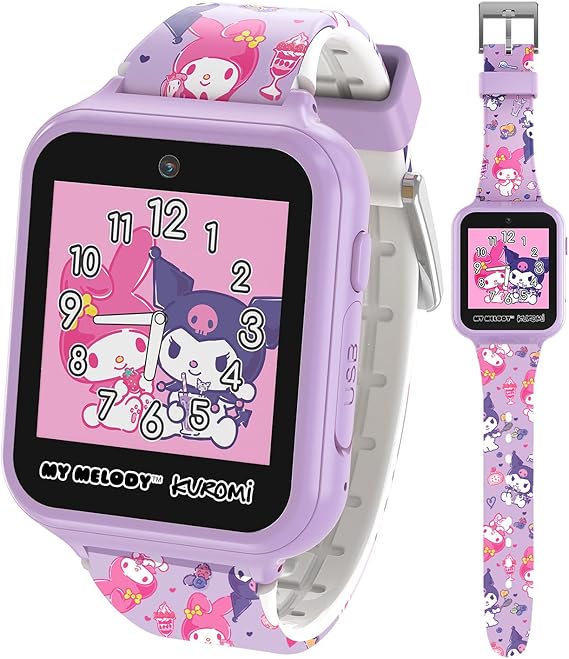 Sanrio My Melody & Kuromi Kids Smartwatch with Touchscreen – Features 10 Interactive Faces, Camera for Selfies, Voice Recorder, Step Counter, 26 Games – Pink Silicone Strap Kids Interactive Fun Watch