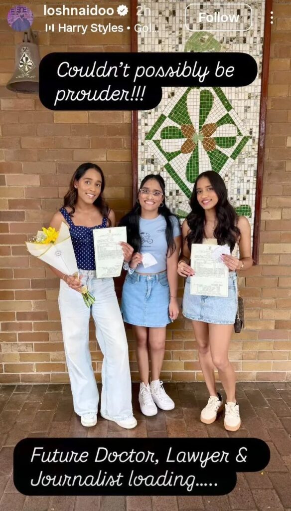 Losh Naidoo's triplets pass matric. Image credit: LoshNaidoo/Instagram