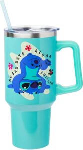 Silver Buffalo Disney Lilo and Stitch Aloha No Bad Days Chillin’ Stainless Steel Tumbler with Handle and Straw, Fits in Standard Cup Holder