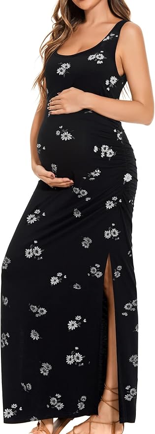 Smallshow Women's Split Long Maternity Dress Sleeveness Ruched Pregnancy Clothes