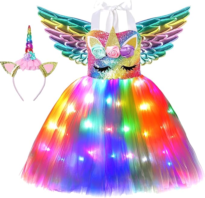 Soyoekbt Girls Unicorn Costume LED Light Up Unicorn Dress Birthday Party Princess Dress for Halloween Party