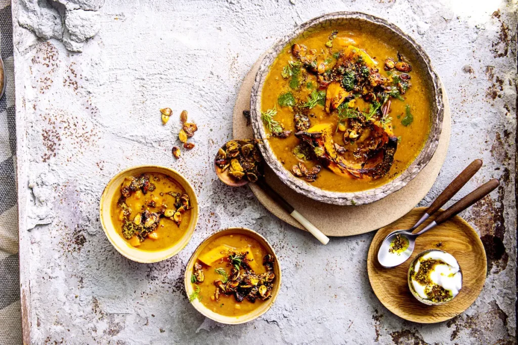 Spicy squash soup with carrot-top pesto