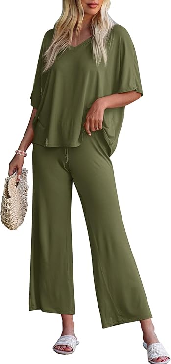 Tankaneo Womens 2 Piece Outfits Lounge Sets Oversized Short Sleeve V Neck Tshirts Wide Leg Cropped Pants Matching Set