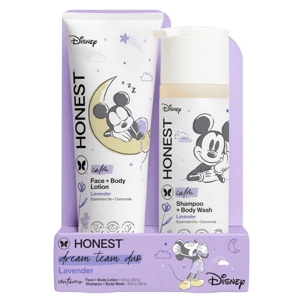 The Honest Company 2-in-1 Cleansing Shampoo and Body Wash Face Lotion Bundle Disney Design Gentle Enough for Baby Dermatologist Tested Calm Lavender 18.5 fl oz