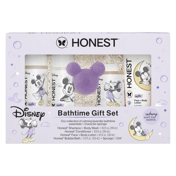 The Honest Company Calm Lavender Bathtime Gift Set, Disney Design, Hypoallergenic Bath for Sensitive Baby Skin, Shampoo Body Wash Face Lotion Bubble Conditioner Sponge