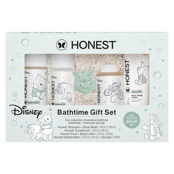 The Honest Company Fragrance-Free Bathtime Gift Set, Disney Design, Hypoallergenic, Bath Essentials for Sensitive Skin, Shampoo and Body Wash, Face Lotion, Bubble Bath, Conditioner, Sponge