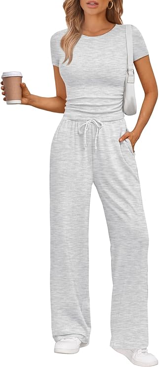 Trendy Queen 2 Piece Matching Summer Sweatsuit Lounge Set Womens Wide Leg Pants Side Ruching Crop Top Sets