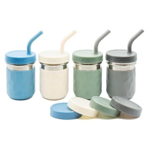 WeeSprout 2-in-1 Drinking Cups for Kids, Durable Stainless Steel Tumbler for Smoothies, Silicone Straws with Stoppers, Premium Plastic Twist Lids, Easy-Grip Sleeves, Set of 4 Dishwasher Safe Kid Cups