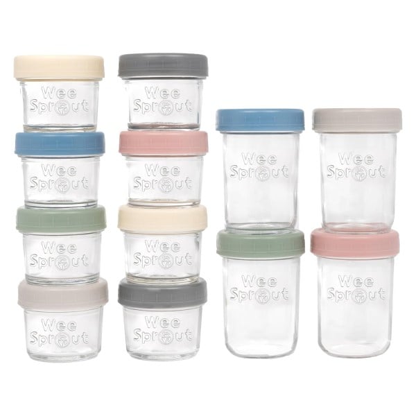 WeeSprout Glass Baby Food Storage Jars w/ Lids (4/8 oz, 12 Pack Set) Snack, Reusable Small Containers, Breast Milk, Fridge, Freezer, Microwave & Dishwasher Safe, Essential Must Have for Infants