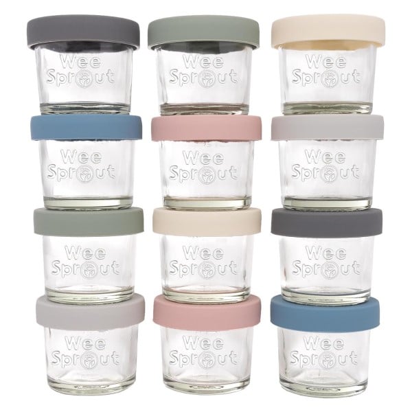 WeeSprout Glass Baby Food Storage Jars with Silicone Lids (4 oz, 12 Pack Set) Snack, Puree, Reusable Small Containers, Breast Milk, Fridge or Freezer, Essential Must Have for Infants