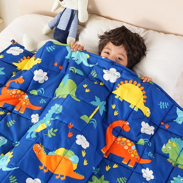 Weighted Blanket 5lbs, Blue Dinosaur Cooling Weighted Lap Blanket, Breathable Heavy Throw Blankets for Sleeping, Washable