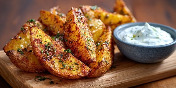 Crispy Baked Potato Wedges with Yoghurt Dip