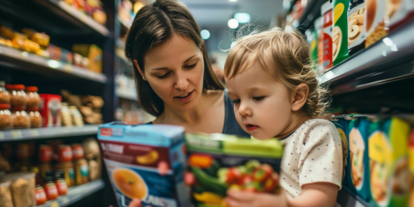 mom reading food labels at the store