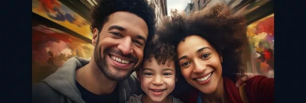 mom and dad smiling with child, selfie